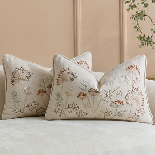 HOSTECCO Set of 2 Embroidered Oblong Cushion Covers 30x50 cm, Chenille Decorative Rectangle Scatter Cushions with Botanical Dandelion Embroidery, Rustic Beige Pillow Cases for Sofa Bed