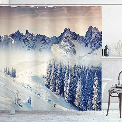 ABAKUHAUS Schwarz-Weiss Duschvorhang, Snowy-Winter-Ansicht, Stoffliches Gewebe Badezimmerdekorationsset mit Haken, 175 x 200 cm, Blau grau Weiß Grau