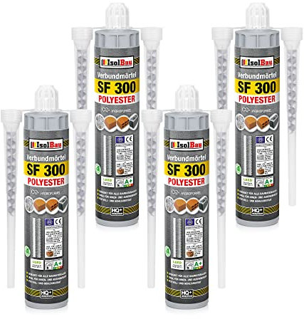 Isolbau SF 300 Injektionsmörtel 4 x 300 ml Montagemörtel, 8x Statikmischer - Verbundmörtel für Beton, Mauerwerk, Holz & Stahl