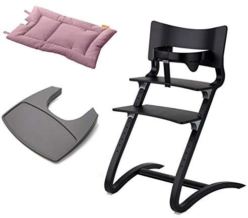 Leander Stuhl schwarz lackiert - Hochstuhl - Kinderstuhl - Erwachsenenstuhl mit Babybügel + Tablett grau + Kissen dusty rose