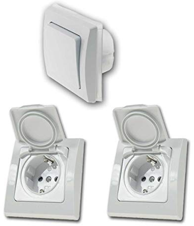 Schalter + Steckdosen Set Feuchtraum S, weiß, 3-teilig, IP44, Schalterserie DELPHI, Unterputz