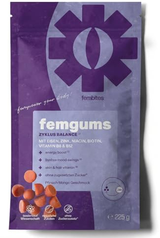 fembites femgums Zyklus Balance - Fruchtgummis mit 13 Vitaminen & Mineralstoffen - Mit Eisen, Zink, Vitamin B6 & B12 - Laborgeprüft - 90 Gummis