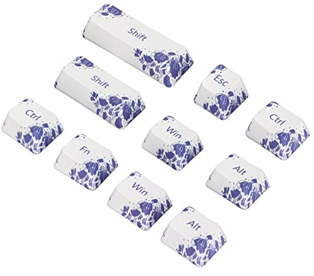 10PCS Replacement DIY Keycaps with Shift/ESC/Ctrl/Alt/Win/Fn Keycap, Blue and White Porcelain Style PBT Keycaps for Most 61/87/104/108 Digit Mechanical Keyboards