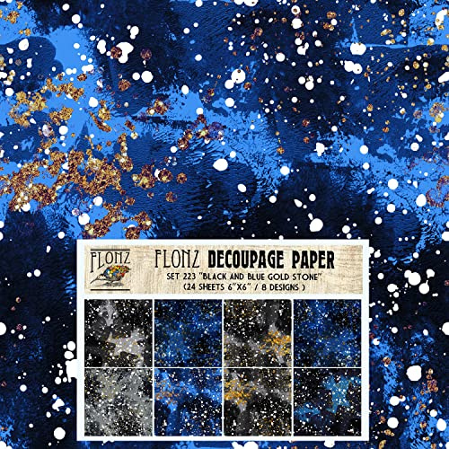 Decoupage Paper Pack (24 Sheets 6x6) Black and Blue Goldstone # Vintage Styled Seamless Art Deco Pattern Paper for Decoupage, Craft and Scrapbooking