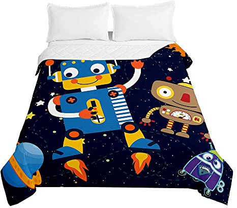Chickwin Quilt Bed Throws Cotton Filling Duvet, Child Cartoon Robot Pattern Summer Comforter - Reversible Lightweight Quilted Bedspreads Embossed Coverlets for All Season (200x230cm,Navy blue)