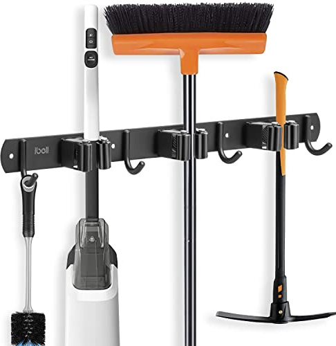 ibell Besenhalterung Wand, 3 Halter + 4 Haken Gerätehalter Edelstahl Wandhaken Selbstklebend, Besenhalter Wandhalterung Gartengerätehalter mit Schrauben, Werkzeughalter Organizer für Garage, Schwarz