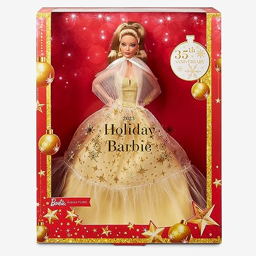 Barbie Proposed Value Signature Joyeux Noël 2023 Poupée Spéciale Fêtes avec Robe De Soirée Dorée, Cheveux Blonds Et Emballage De Présentation, À Collectionner, Jouet Enfant, Dès 6 Ans, HJX06