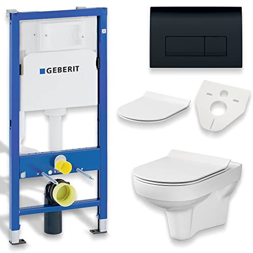 BADLAND WC Set: Geberit Duofix Basic UP 100 Vorwandelement + Wand-WC Weiß + Betätigungsplatte Delta 50 Schwarz + Slim WC-Sitz Soft-close + Schallschutzmatte