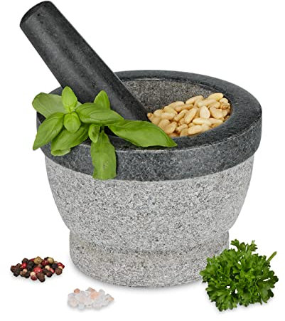 Relaxdays Mörser mit Stößel, Granit, runder Steinmörser, HxD: 10 x 14 cm, Gewürze & Kräuter, schwerer Gewürzmörser, grau