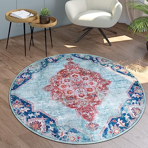 Paco Home Waschbarer Teppich Wohnzimmer Schlafzimmer Rund Vintage Muster Moderne Deko Orientalisch Ornamente Bordüre, Grösse:200 cm Rund, Farbe:Türkis