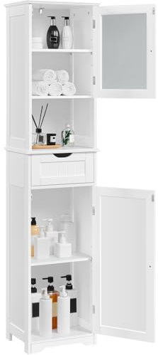 Yaheetech Armario Baño Mueble Auxiliar de Baño de Cocina con Puerta de Cristal Armario Estrecho 40x30x170 cm Blanco