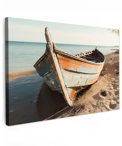 MuchoWow© Wandbilder Groß XXL Wohnzimmer Wanddeko Schlafzimmer Zimmerdeko | 120x80 cm - Fotowand Zimmer Deko Wand Dekoration Wall Art Maritime - Boot - Meer - Sand - Strand - Natur - Holz