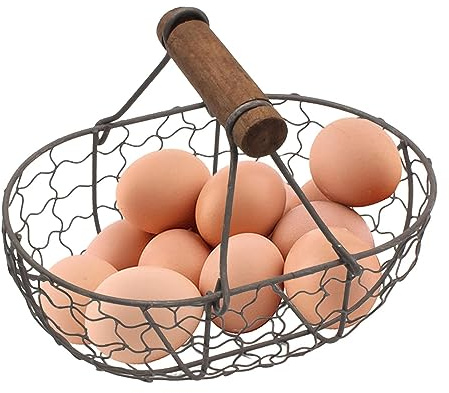 Panier de rangement pour œufs de poule en fer - Panier à œufs rustique avec poignée en bois - Panier de rangement de pique-nique avec motif ferme - Pour 12 œufs - Pour cuisine et salle à manger