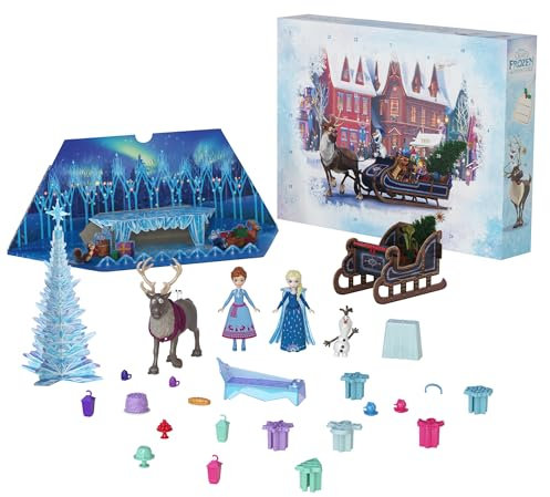 Mattel Disney Frozen Toys, Anna & Elsa Small Doll Advent Calendar with 2 Friend Figures, Moldable Sand & 24 Play Pieces, Inspired by Olaf’s Frozen Adventure, HWX20