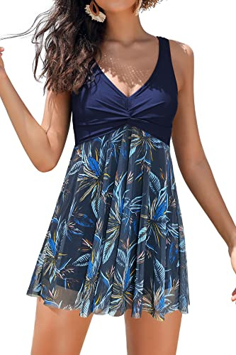 SHEKINI Women's Swimdress One Piece Bathing Suit Tummy Control with Shorts | V Neck, Splice Printed Mesh, Soft Cup Padded, Elegant, Swimming Costume