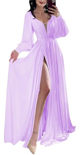 Vestidos de dama de honor de manga larga para boda para mujer con bolsillos de limo, cuello en V, vestido formal largo de gasa, Lila, 48