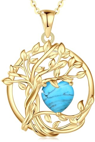 FANCIME Tree of Life Collier arbre de vie en argent sterling plaqué or jaune avec pendentif en pierre de naissance, bijou d'anniversaire, cadeau de Noël pour femme, maman, turquoise