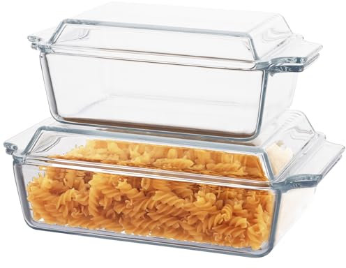 LOLYSIC 2Pcs Glass Casserole Dishes with Lids Oven Proof Glass Lasagne Dishes for Oven Rectangle Bakeware Microwaveable Casserole Dish with Lid, 1L & 1.5L