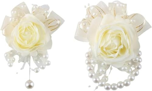 KanDuo Dekorative Ansteckblume for die Hochzeit, Braut-Blumenarmband mit Rosenblüte for das Handgelenk, Beige und Perlenkette, Blattgold, Braut, Brautjungfern-Blumenarmband, künstlich, 1 Set