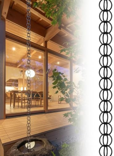 CHAASDEOM Regenkette im Dach, Regenkette im Außenbereich 1 m Lange Metallringe, Regenfallrohr-Auffangkette for Pavillon/Terrasse/Garten, schwarzes Dachrinnen-Hängeornament