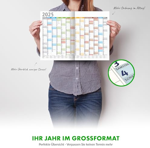 3x Din A3 Wandkalender für 2025, Kalender, Planer, Jahresplaner, Jahreskalender, Familienplaner, (29,7 cm x 42,0 cm), Büro, Schule, Arbeit, Werkstatt