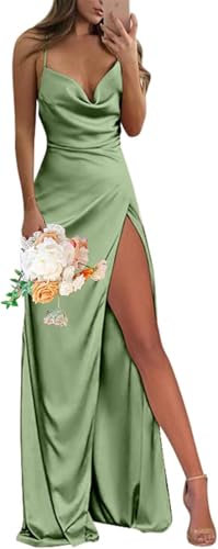 YIANN Robe de demoiselle d'honneur en satin avec fente et bretelles spaghetti et col bénitier, vert sauge, 44