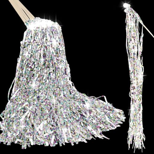 25 PCS Light Up Wand Wedding Sparklers Fireworks Fairy Wands Laser Sliver Ribbon Stick with Bell and LED Light Glow Streamers for Wedding Send Off, Dance Floor Props, Raves, Birthday Party Favours