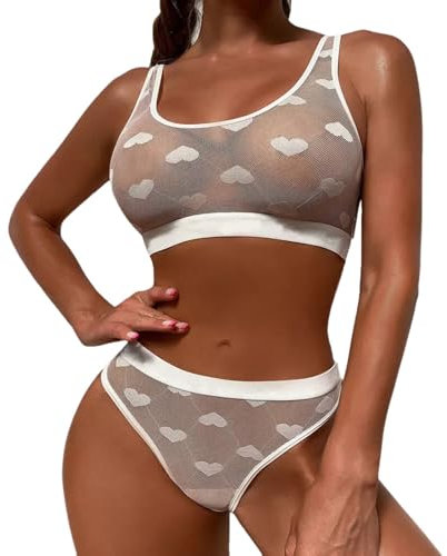 PARUPRUP Women's Sexy Lingerie Set 2 Pieces Sheer Mesh Love Heart Print Bra Panty Underwear See Through Naughty Babydoll Lingerie (White, L)