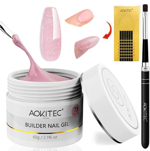Aokitec Building Gel for Nails - 60g Builder Hard Gel for Nails with 100pcs Nail Forms Nail Brush for Broken Nails Repair & Strengthen Extension Art,Glitter Pink