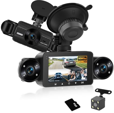 Hodozzy Dashcam 360° bil, 4 främre bakre kameror vänster höger, 1080P, 8 lysdioder IR-mörkerseende, 3 tum IPS-pekskärm, loop-inspelning, G-sensor, nattseende + 64G SD-kort