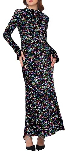 WOMLAYOUT Donna Abito Lungo con Paillettes Girocollo in Velluto Aderente a Maniche Lunghe da Cocktail e da Sera Nero M