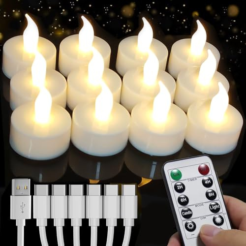 Wiederaufladbare Led Kerzen, 12 Stück Wiederaufladbare Led Teelichter Flackernd mit Fernbedienung und Timer,Mit 6-Port USB Ladekabel LED Kerzen für Hochzeiten Partys Weihnachten Heimdekoration