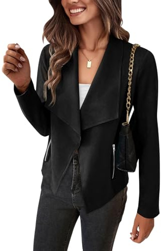 Veste en daim synthétique pour femme, vêtements d'automne tendance à manches longues, revers ouvert sur le devant, manteau court d'extérieur, Noir , S