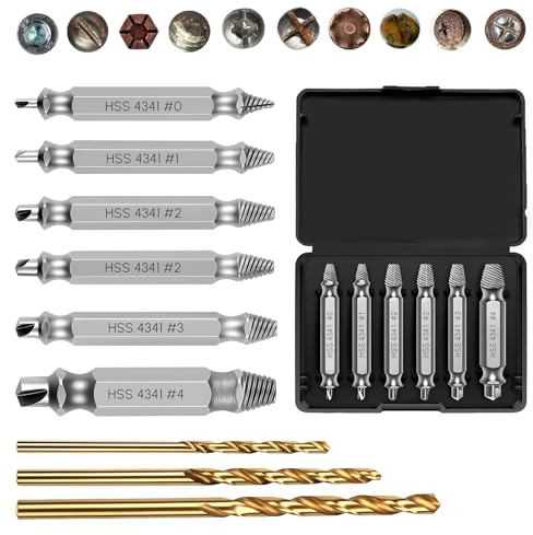 6+3 Pcs Broken Screw Extractor, HSS 4341# Rounded Screw Remover, Stripped Screw Removal Tool with 3 Pcs Twist Drill Bit Kit for Damaged Broken Stripped Screws