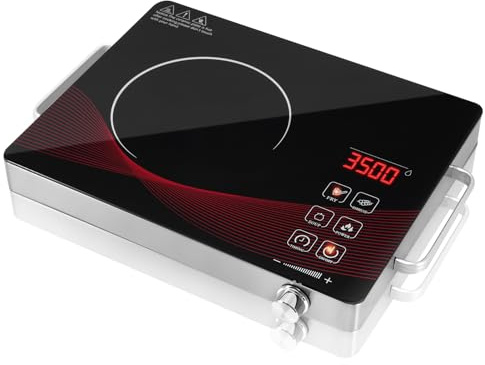 Worshow Piano cottura in vetroceramica con spina, 220 V, 3500 W, piano cottura portatile con manico, piano cottura elettrico, controllo touch con 4 modalità, timer 0-180 minuti, protezione contro il