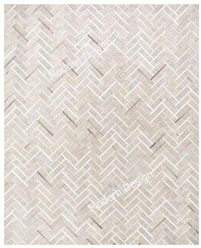 Modern Design Patchwork Cowhide Area Rug, Natural Leather & Jacquard Hair on Hide Carpet, Geometric Pattern (Grey/Beige-D31, 4x6)