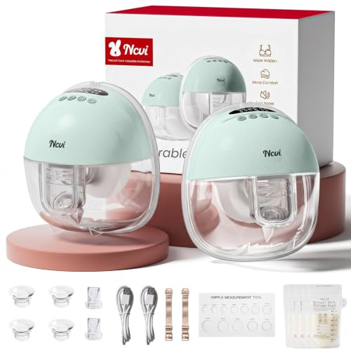 NCVI Hands Free Breast Pump for Work, Travel & Night Use Green, 2Pcs | 4 Modes 9 Levels, BPA-Free, Adjustable Suction, LCD Display, Low Noise, Wearable