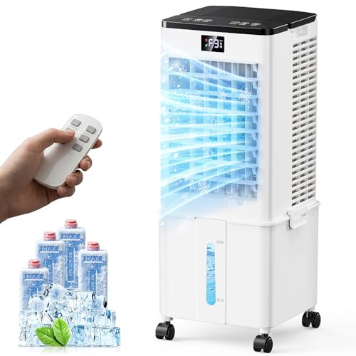 Portable Air Conditioner,4-in-1 AC Unit with 3 Speeds,10L Water Tank, 4 Ice Packs,1-12h Timer, 60° Oscillation, Remote Control, 60W Evaporative Air Cooler for Home & Office Bedroom（Ivory white）