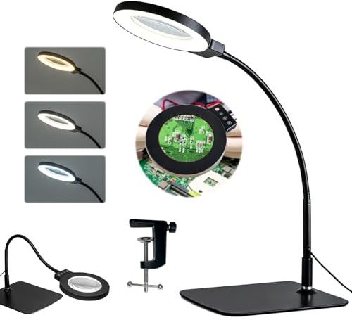 Lupe mit Licht und Ständer, 30X Lupenleuchte mit 72 LEDs und Klemme Leselupe für Senioren 3 Einstellbare Farben 5 Helligkeitsstufen Flexible Schwanenhals LED Beleuchtete Schreibtischlampe