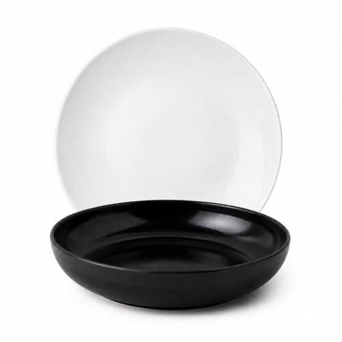 Cecaro Group Servizio Piatti 12 Pezzi Ceramica Bianco e Nero Lavastoviglie – Design Moderno – 6 Piatti Piani bianco + 6 Piatti Fondi neri- Black & White