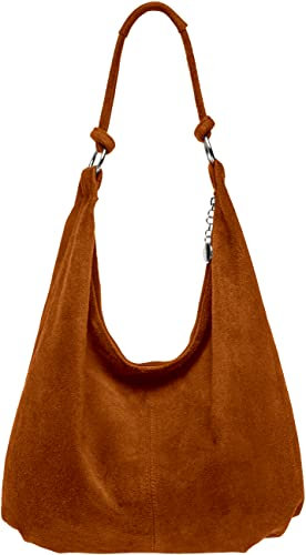 Caspar Große Damen Vintage Veloursleder Tasche Samtweiche Schultertasche aus Leder - CLASSIC LINE - Modell No.617 - Made in Italy, Farbe:marone