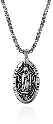 Flongo Rosenkranz Kette Halskette, Edelstahl Anhänger Halskette Kette Silber Gold Golden Jungfrau Maria Heilige Maria Mutter Gottes Retro Medallion Herren,Damen