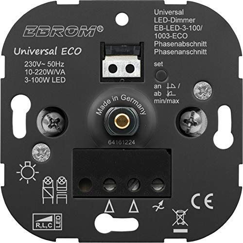 EBROM Unterputz UNIVERSAL LED Dimmer “der AllesDimmer Drehdimmer Phasenabschnitt + Phasenanschnitt LED 3-100 Watt dimmbare Halogen etc 10-220 W/VA, passt zu Busch Jäger, Gira, Jung