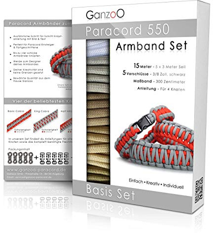 Ganzoo Paracord 550 armbandsset DIY, självknutet pysselkit med parachute cord 4 mm 5x3 m i 5 färger, 5 svarta klickspännen 10 mm, 16-sidig anvisning steg för steg för 4 knutar, sand