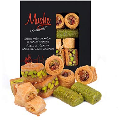 Mughe Gourmet Caja de Baklava Turco Premium, 150g Surtido de Dulces Artesanales (4 Sabores) en Cartón con Vista Vertical