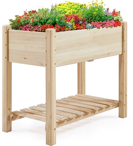 Yaheetech Raised Garden Bed 2 Tiers Wooden Plant Raised Bed Garden Elevated Planter Box with Storage Shelf for Vegetables/Flowers/Herbs/Fruits,86 x 46 x 76cm