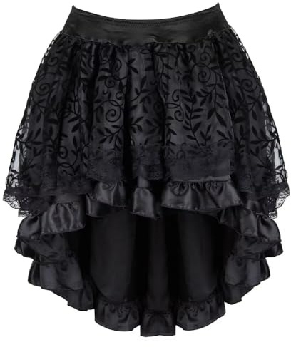 Jutrisujo Jupe Femme Dentelle Asymetrique Steampunk Renaissance Vintage Rétro Jupe Sexy Médiévale Taille Elastique Noir M