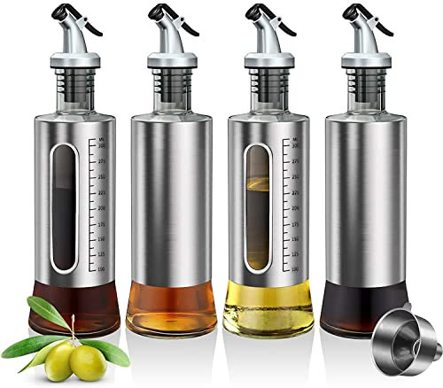 ACEWARMS Oil dispenser bottle for kitchen, Olive oil bottles with drizzlers, Vinegar bottles, 300ml 4Pack glass soy sauce bottles with lids+Stainless steel funnel (300ml 4Pack)