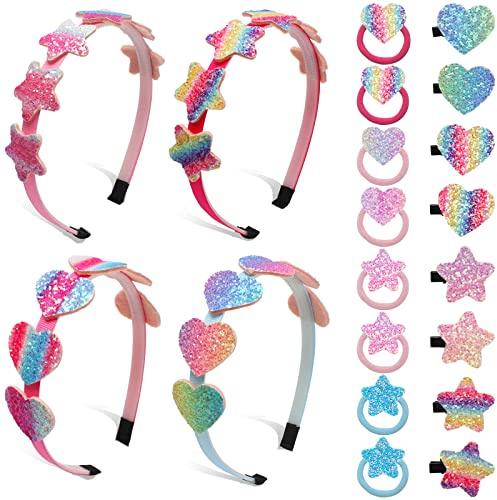 Cerchietto per Capelli Bambine Arcobaleno, 4 Pezzi Cerchietti Capelli 8 Pezzi Fermagli per Capelli e Elastici Capelli per Ragazze Bambine Neonata Donna Compleanno Regalo(Cuore e Stelle)