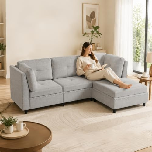 YODOLLA Canapé d'angle 225cm - Moderne Sectionnel Gris 3-4 Places avec Repos-Pieds - Idéal pour Salon (Forme L/Chaise Longue)